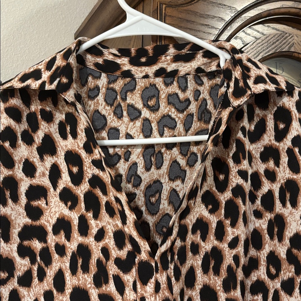 Leopard Print Loose Flowing Long Sleeve Above Knee Length Dress - Picture 2 of 8